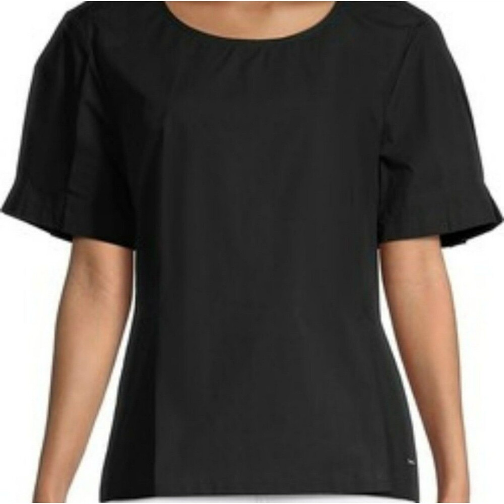 NWT DKNY Crinkle Short-Sleeve Peplum Top Black Size XL 100% Cotton Round Neck